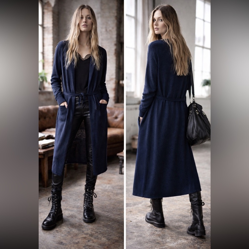 NWT Zadig & Voltaire Rona Cashmere Long Belted Cardigan Duster in Navy Size M